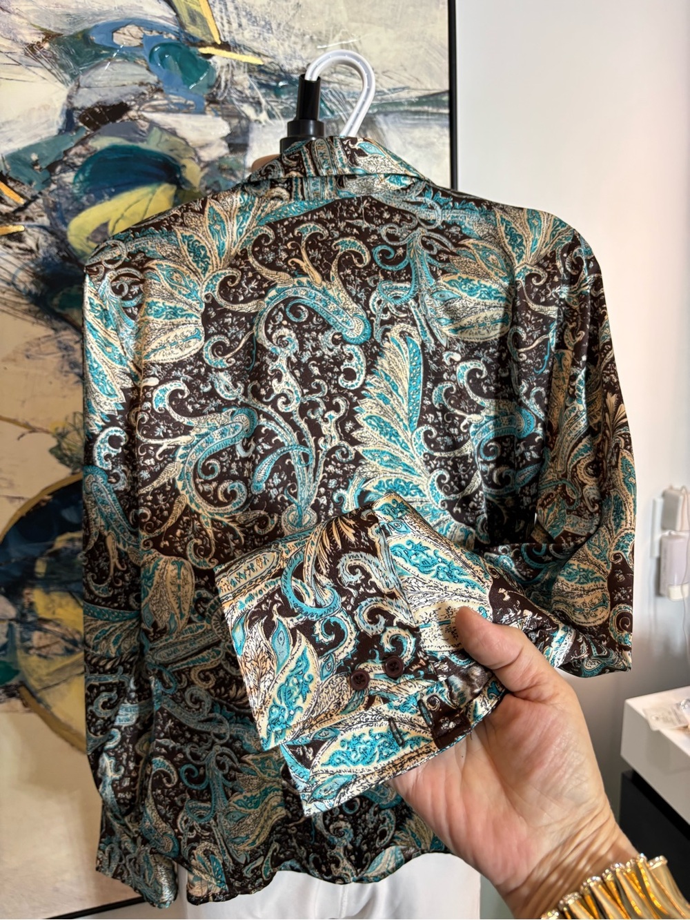 Paisley Button-Front Long-Sleeve Top in Teal and Brown Stretch - Picture 7 of 10